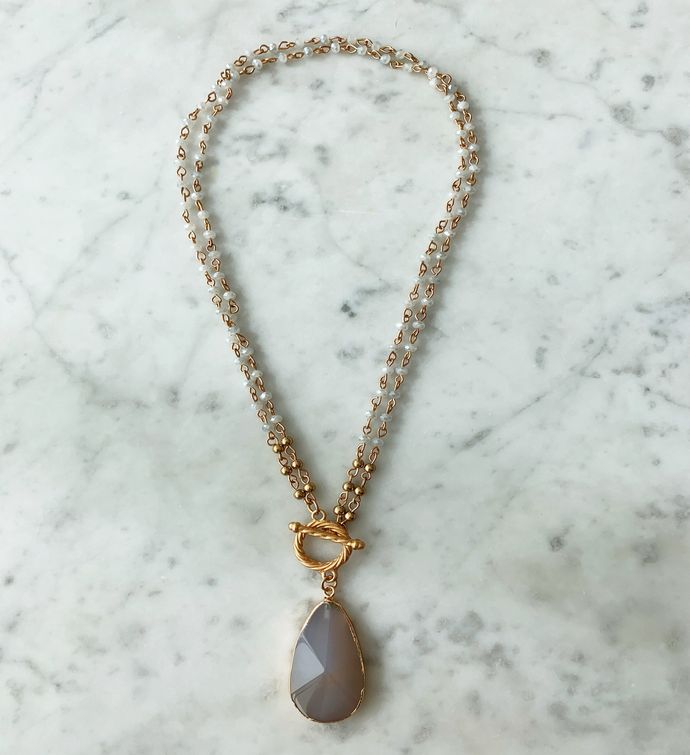 White Crystal Layered Necklace With Natural Stone Moonstone Drop